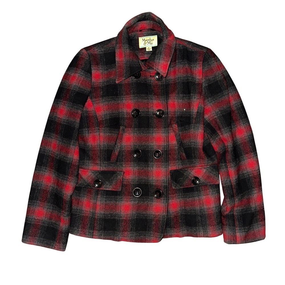 Maralyn & Me Womens Red Black Plaid Double Breasted Pea Coat Jacket XL